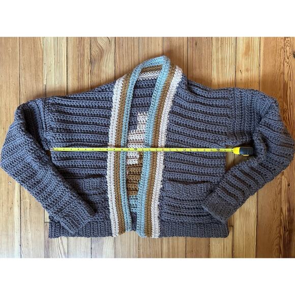 NWOT Handmade Chunky Crochet Knit Gray Green Blue Brown Long Sleeve Sweater OS - Picture 8 of 10